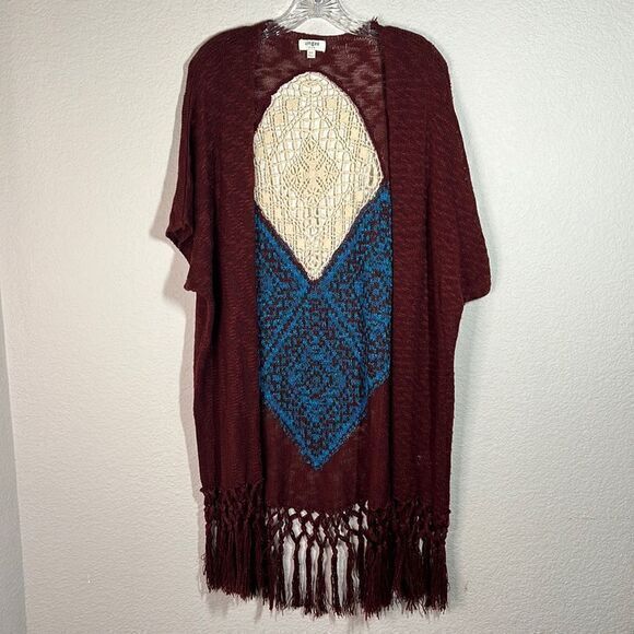 Umgee Burgundy Blue Ethnic Pattern Knitted Fringe Boho Shrugs Women's M/L‎ - Picture 1 of 6